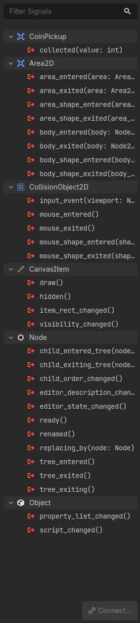 The Godot Node dock on its Signals tab for an Area2D named Coin. At the top, under CoinPickup, is the custom signal collected with an int value parameter. Below it Area2D lists the built-in signals including body_entered and area_entered.