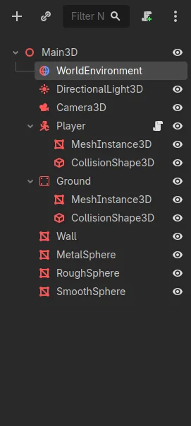 The Godot Scene dock for a 3D scene, listing WorldEnvironment, DirectionalLight3D and Camera3D, then a Player and a Ground that each hold a mesh and a collision shape, then a Wall and three spheres named MetalSphere, RoughSphere and SmoothSphere.