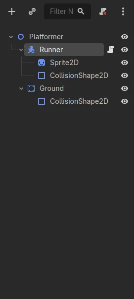 The Godot Scene dock showing a Platformer node containing a Runner of type CharacterBody2D, which has a Sprite2D and a CollisionShape2D beneath it, alongside a Ground node of type StaticBody2D with its own collision shape.