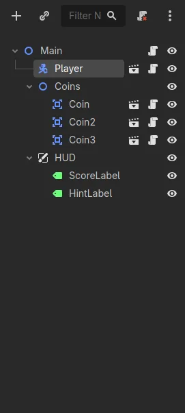 The Godot Scene dock showing Main at the root with Player, Coins and HUD beneath it. Coins contains three Coin instances and HUD contains ScoreLabel and HintLabel.